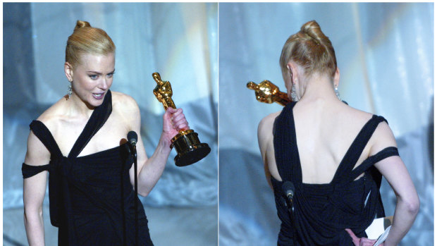 An emotional Nicole Kidman accepting the award for best actress for her role in The Hours.