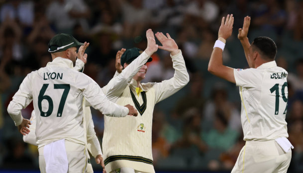 Scott Boland is rapt with the wicket of Kraigg Brathwaite.