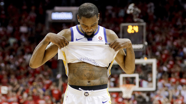 The Warriors' Kevin Durant reacts in the final seconds of game five.