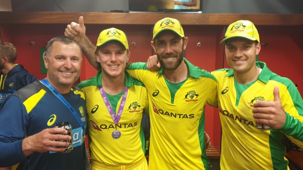 Trent Woodhill, Adam Zampa, Glenn Maxwell and Alex Carey pose for a photo they sent to Tony Connelly after Australia's series win in England.