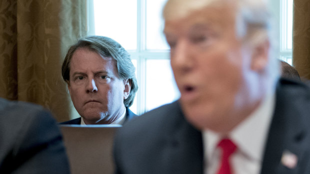 White House counsel Don McGahn, pictured with Donald Trump, will leave his job in the coming weeks.