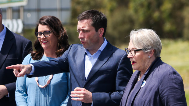 Upper house Liberal MP Bev McArthur (right) with former Opposition Leader Matthew Guy and MP Roma Britnell (left). 