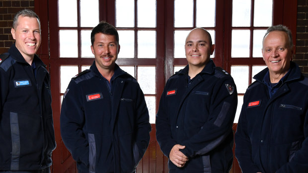 From left, senior firefighters Bennett Gardiner and Mitchell Bennetts, leading firefighter Gonzalo Herrera and station officer Mike Stuart at Drummoyne Fire Station.