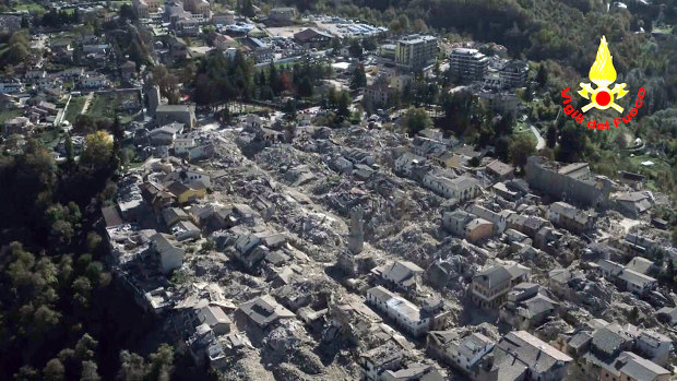 An aerial view of the destroyed hilltop town of Amatrice after the earthquake in October 2016.