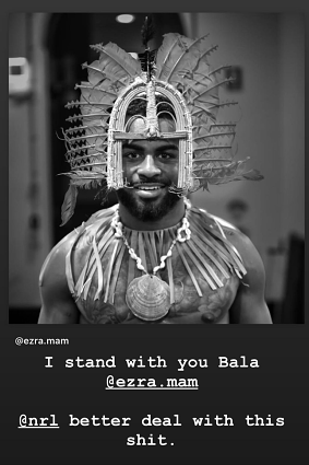 Latrell Mitchell leaps to the support of Ezra Mam on Instagram.