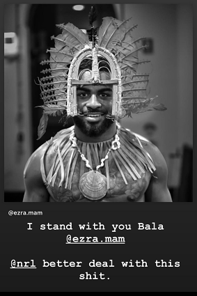 Latrell Mitchell leaps to the support of Ezra Mam on Instagram.
