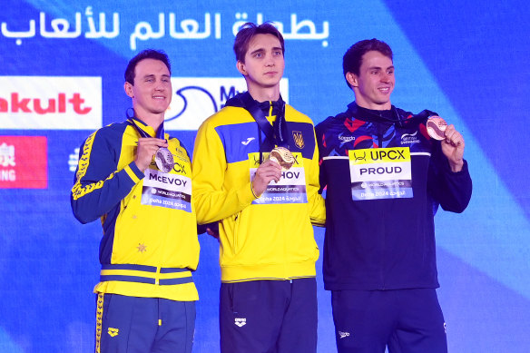 Cam McEvoy (left) after winning a silver medal in the men’s 50m freestyle at the world swimming championships in Doha. 