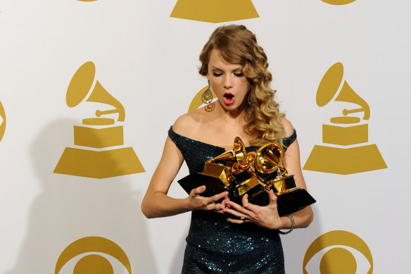 Taylor Swift after winning the award for best album for Fearless at the Grammys in 2010.