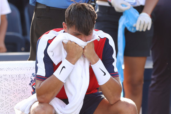 Alexei Popyrin reacts after losing in the third round of the US Open.