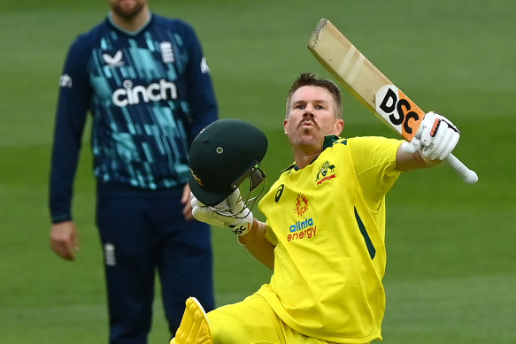 David Warner celebrates scoring a one-day century against England in Melbourne during November.