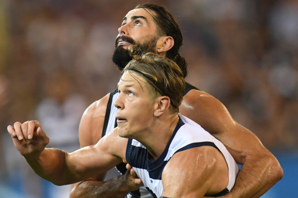 Eyes on prize: Brodie Grundy and Rhys Stanley compete for the ball.