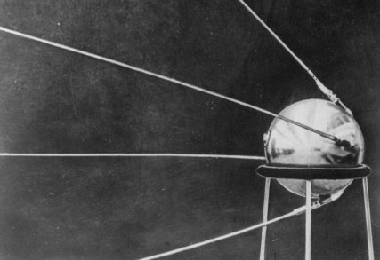 “This first official picture of the Soviet satellite Sputnik I was issued in Moscow October 9, 1957.”