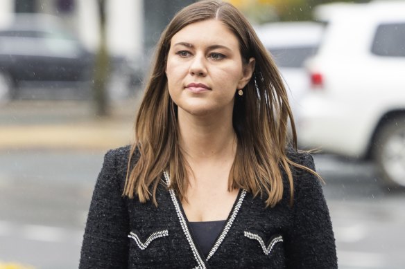 Brittany Higgins arriving at the ACT Supreme Court in Canberra on Thursday for the third day of the criminal trial.