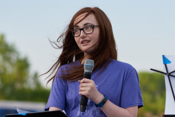 Amara Strande speaking at Tartan High School’s Relay For Life cancer fundraiser in 2018, a year after she was diagnosed with liver cancer.
