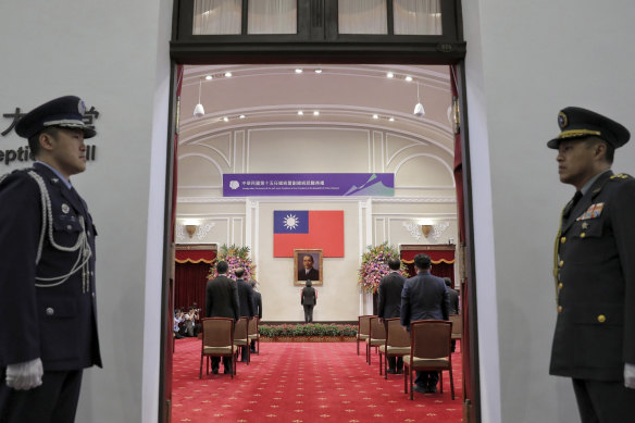Taiwanese President Tsai Ing-wen stands in the centre during her second and final inauguration ceremony.