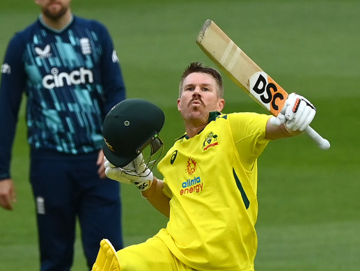 David Warner celebrates scoring a one-day century during last week’s match against England in Melbourne.