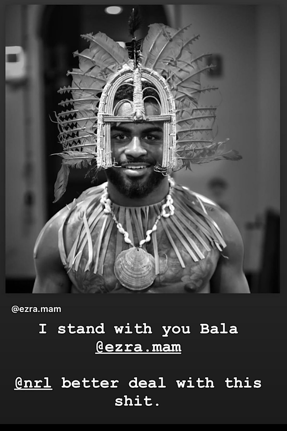 Latrell Mitchell leaps to the support of Ezra Mam on Instagram.