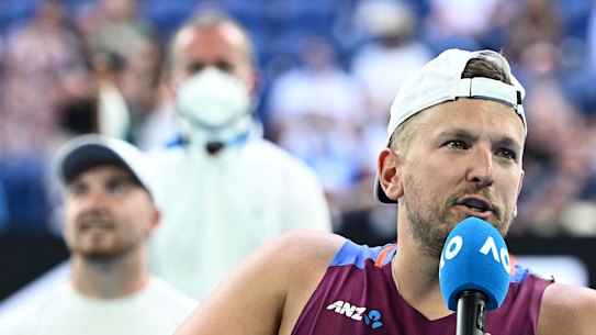 Dylan Alcott speaking during the trophy presentation after the Quad Wheelchair Singles Final where he was beaten by Sam Schroder of the Netherlands.