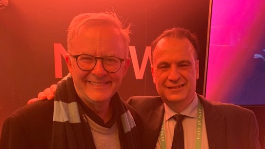Anthony Albanese and Peter V’landys inside the NRL chairman’s suite.
