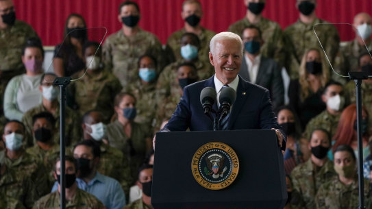 US President Joe Biden addresses US Air Force personnel at RAF Mildenhall in Suffolk. 