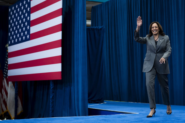 Vice President Kamala Harris greets the crowd during a rally where President Joe Biden also spoke in March.