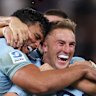 SYDNEY, AUSTRALIA - APRIL 11:  Joseph-Aukuso Suaalii and Jack Bowen of the Waratahs celebrate victory following the round nine Super Rugby Pacific match between NSW Waratahs and Chiefs at Allianz Stadium, on April 11, 2025, in Sydney, Australia. (Photo by Mark Metcalfe/Getty Images)