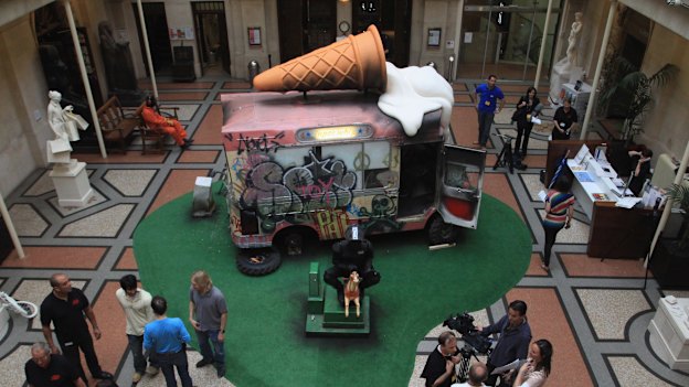 This burnt-out ice-cream van was one of more than 100 works by Banksy at his exhibition in Bristol, UK, in 2009.
