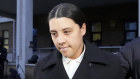 Matildas captain and Chelsea striker Sam Kerr leaves Kingston Crown Court on Monday.