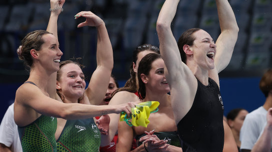 Emma McKeon (left), Chelsea Hodges, Kaylee McKeown and Cate Campbell celebrate after winning the 4x100m medley relay final on Sunday.