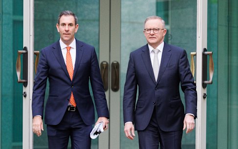 Treasurer Jim Chalmers and Prime Minister Anthony Albanese before selling their first budget in October 2022.