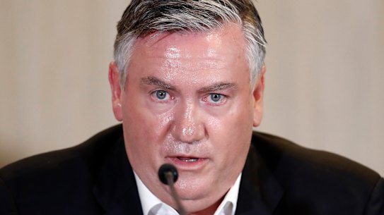 MELBOURNE, AUSTRALIA - FEBRUARY 01: Collingwood President Eddie McGuire speaks to the media at Collingwood Magpies AFL press conference at the Glasshouse Event Space on February 01, 2021 in Melbourne, Australia.  (Photo by Darrian Traynor/Getty Images)