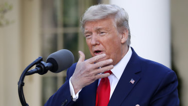 President Donald Trump holds his hand to his face as he talks about masks during a briefing about the coronavirus in the Rose Garden of the White House.