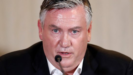 MELBOURNE, AUSTRALIA - FEBRUARY 01: Collingwood President Eddie McGuire speaks to the media at Collingwood Magpies AFL press conference at the Glasshouse Event Space on February 01, 2021 in Melbourne, Australia.  (Photo by Darrian Traynor/Getty Images)