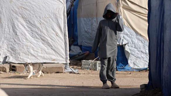 An unidentified boy on Wednesday in a section of the Al Roj camp in Syria housing Australian family members of suspected Islamic State militants.