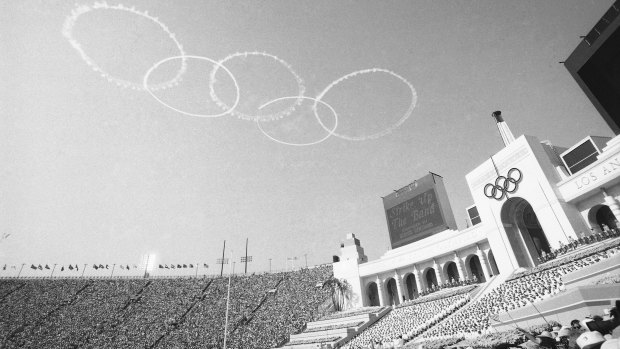 Skywriters create the Olympic rings during the opening ceremonies of the 1984 Summer Games.