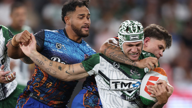 Kalyn Ponga takes a hit-up for the Maori All Stars on Saturday night.