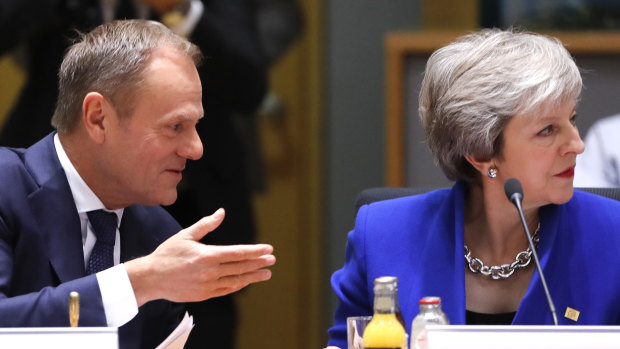 European Council President Donald Tusk and British Prime Minister Theresa May meet in Brussels.