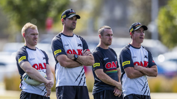 Penrith coach - for now: Cameron Ciraldo (second from left) with Peter Wallace, James Maloney and Penrith great Greg Alexander.