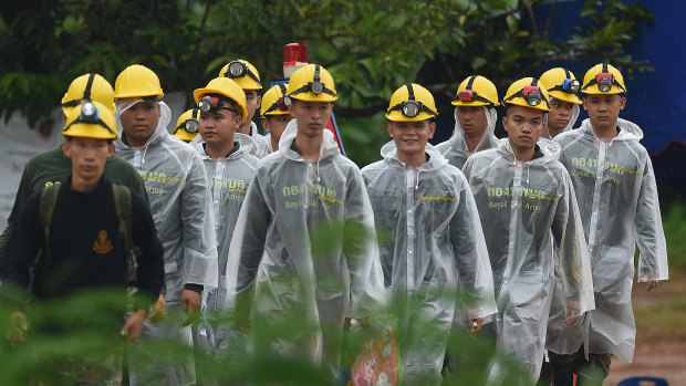 Thai army soldiers return from Tham Luang cave on day three of the rescue operation. 