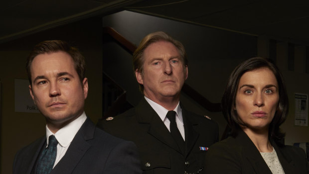 D.S. Steve Arnott (Martin Compston), Superintendent Ted Hastings (Adrian Dunbar) and Detective Inspector Kate Fleming (Vicky McClure) play the anti-corruption officers in Line of Duty.