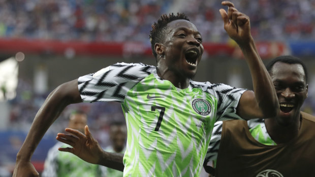 Running away with it: Ahmed Musa celebrates his second goal of the day.