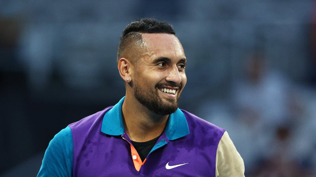 Nick Kyrgios smiles after winning a five-set epic against Frenchman Ugo Humbert at this year’s Australian Open. 