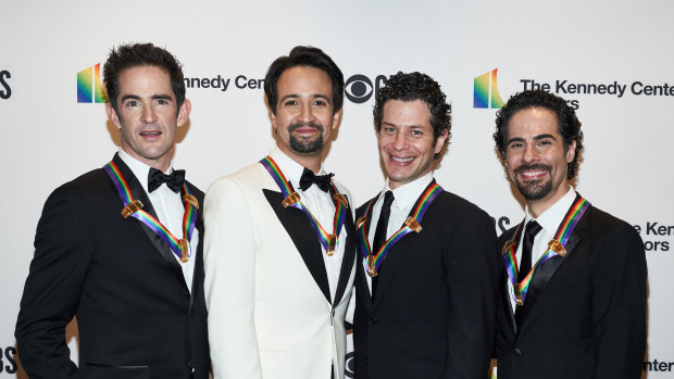 From left: Hamilton choreographer Andy Blankenbuehler, writer and star Lin-Manuel Miranda, director Thomas Kail and music director Alex Lacamoire  at the Kennedy Center Honors in 2018.