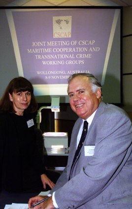Commodore Sam Bateman and Margaret Beare at the joint meeting of CSCAP at the Wollongong University.