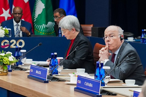 Foreign Minister Penny Wong, next to her Brazilian counterpart Mauro Vieira, at the G20 in Atlanta.