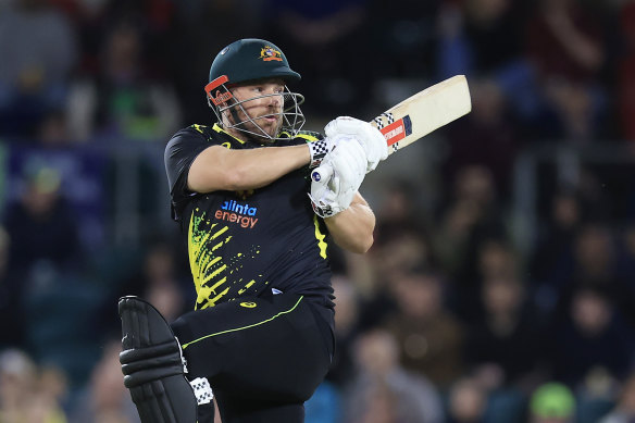 Aaron Finch batting against England in Canberra last week.