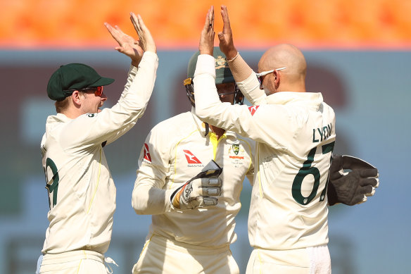 Nathan Lyon celebrates a rare wicket on day three of the fourth Test, when only three batsmen were dismissed.