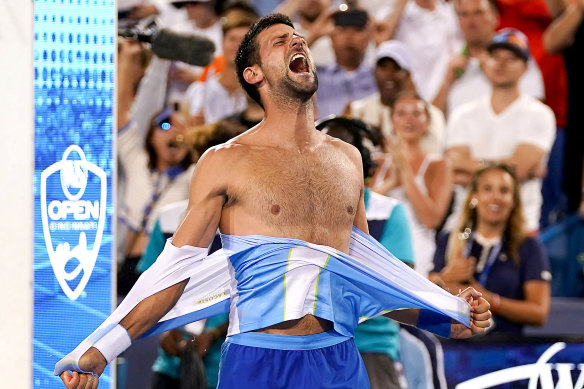 Novak Djokovic rips his shirt after defeating Carlos Alcaraz at the 2023 Cincinnati Open.