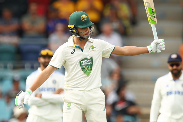 Sam Konstas raises the bat in Canberra. 