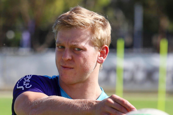 Melbourne Storm utility Tyran Wishart throws a pass during pre-season training. 